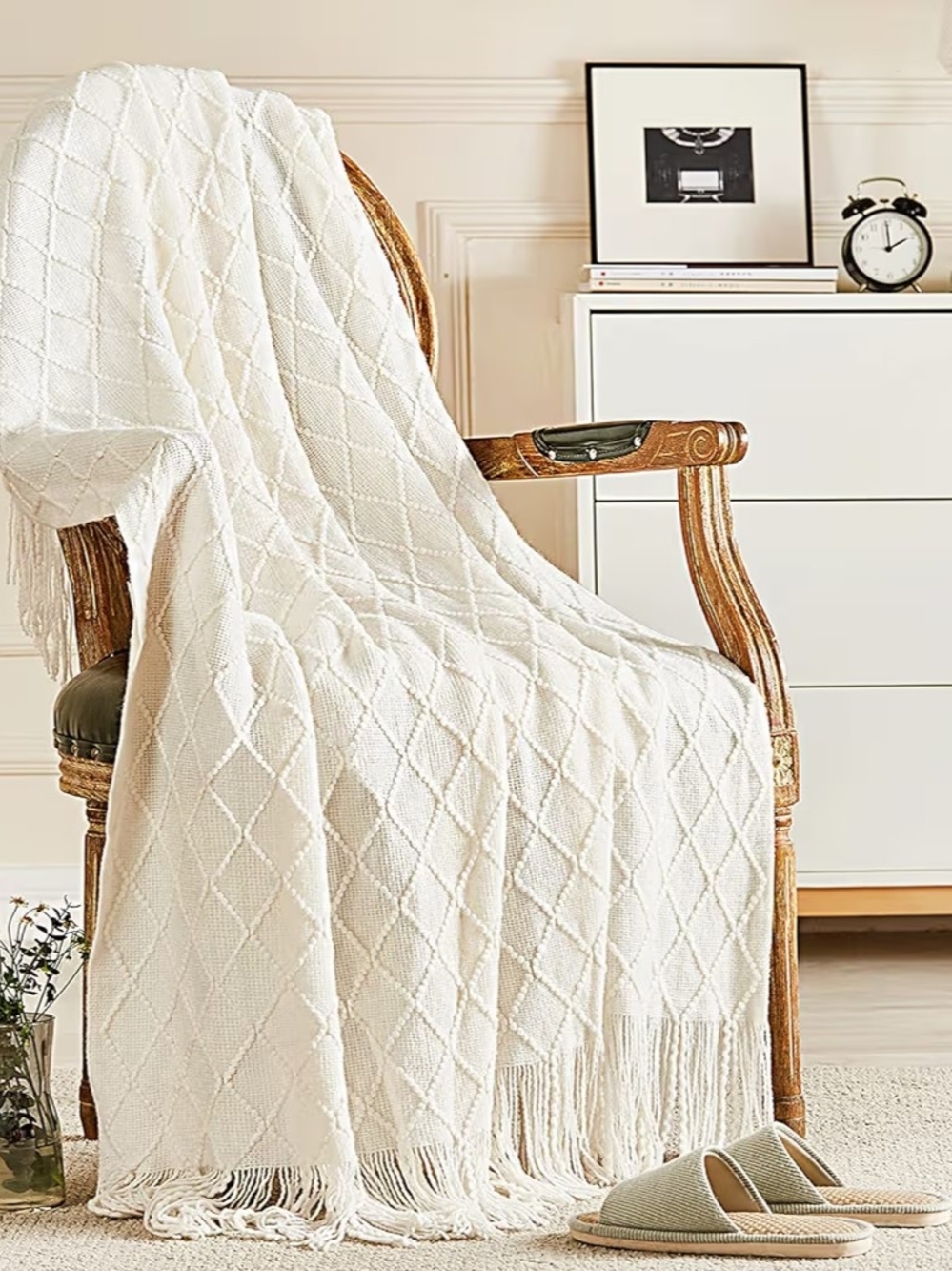 Soft Diamond-Knit Throw Blanket - Off White